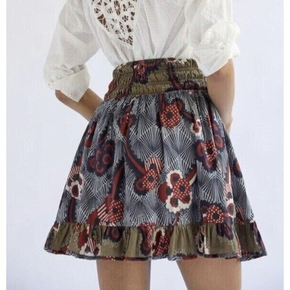 Anthropologie LET ME BE Floral Abstract Belted A-Line Mini Skirt Boho XS NWT